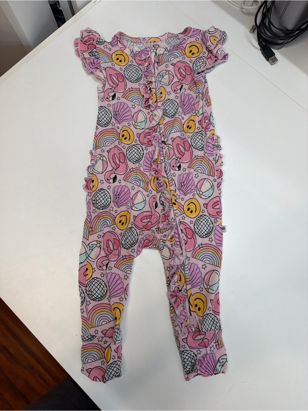 Pink Rainbow & Shell Print Girls' One-Piece Romper with Ruffle Trim